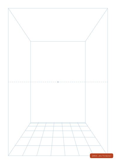 One-point perspective room template with floor, wall and ceiling grids — printable PDF