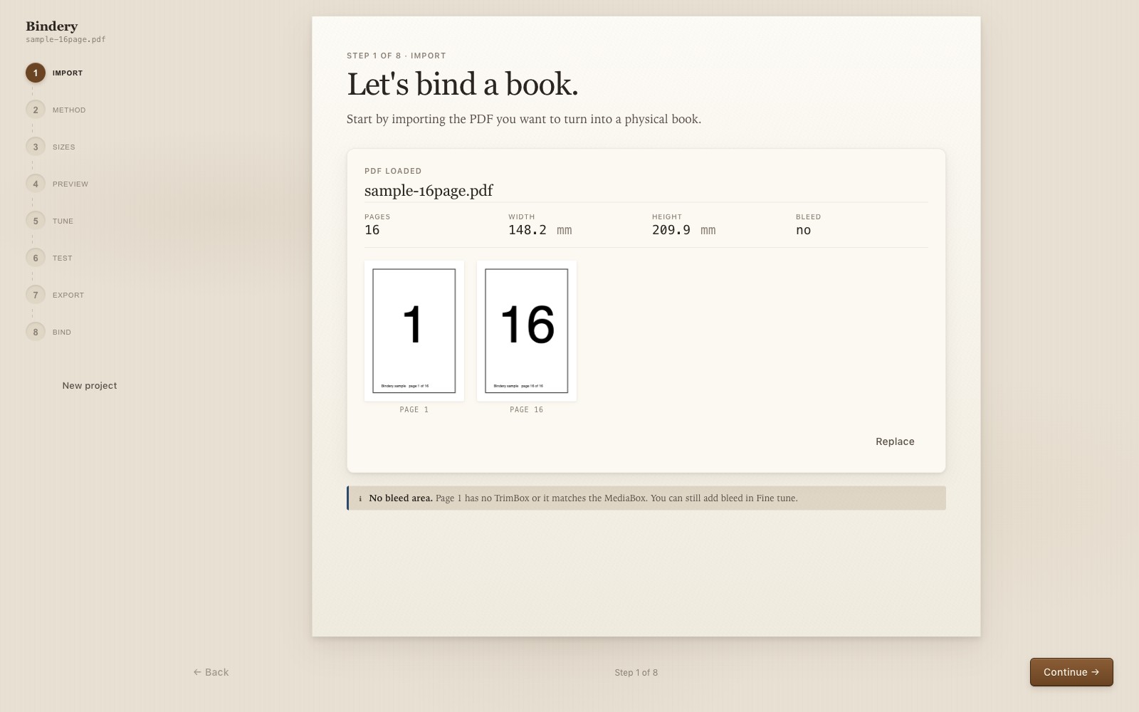 Import a PDF — Bindery reads its size, page count and bleed
