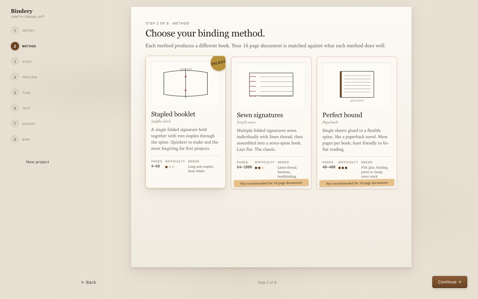 Choose a binding method, matched to your page count