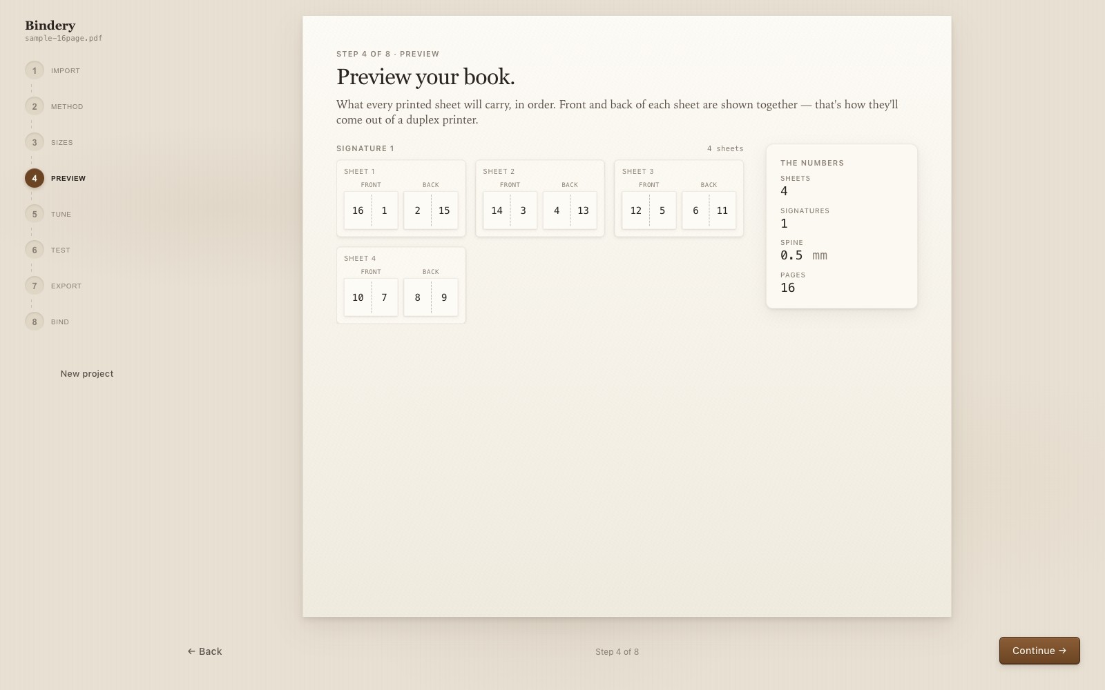 Preview every printed sheet, front and back, in order