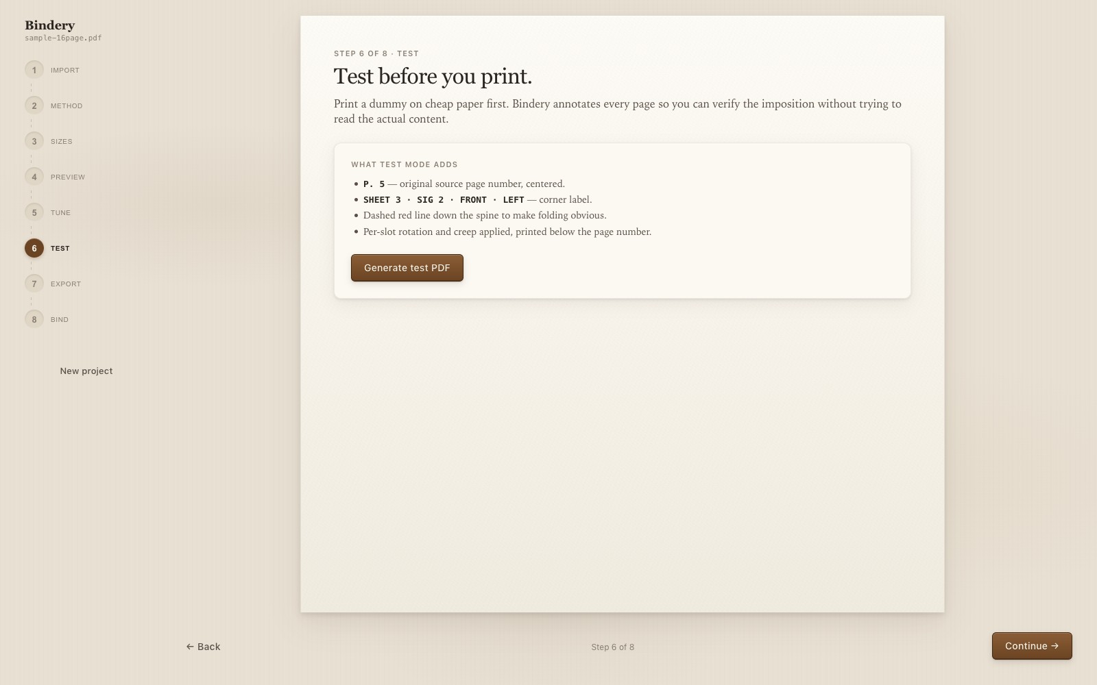Test mode annotates each page to verify the imposition