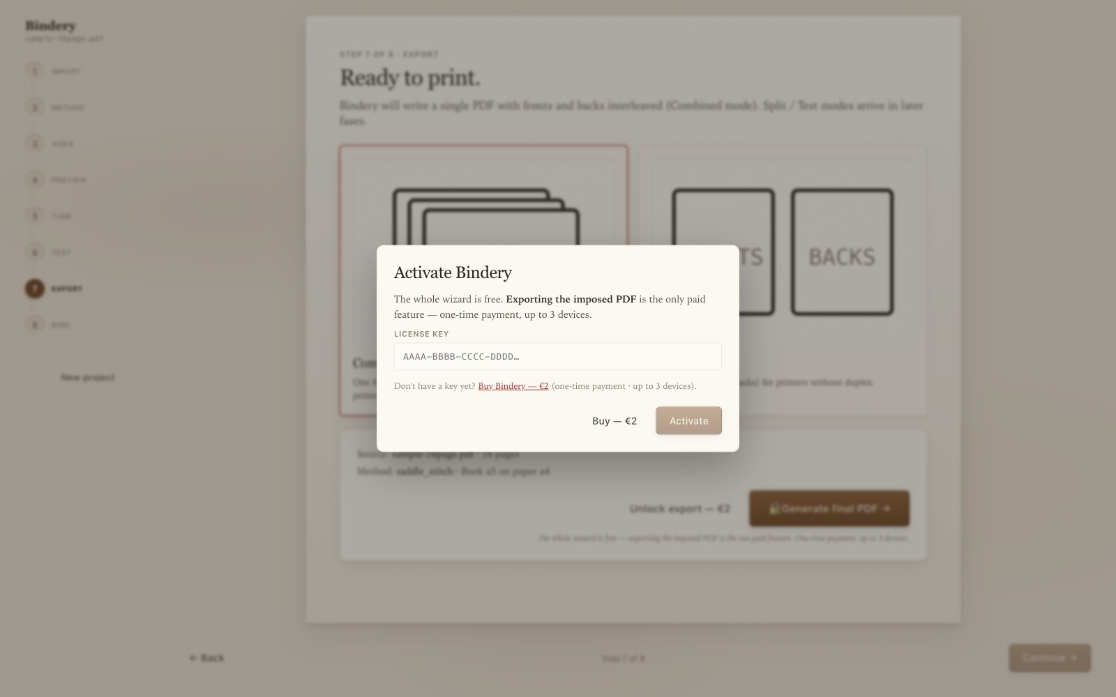 Unlock PDF export once with a Lemon Squeezy license
