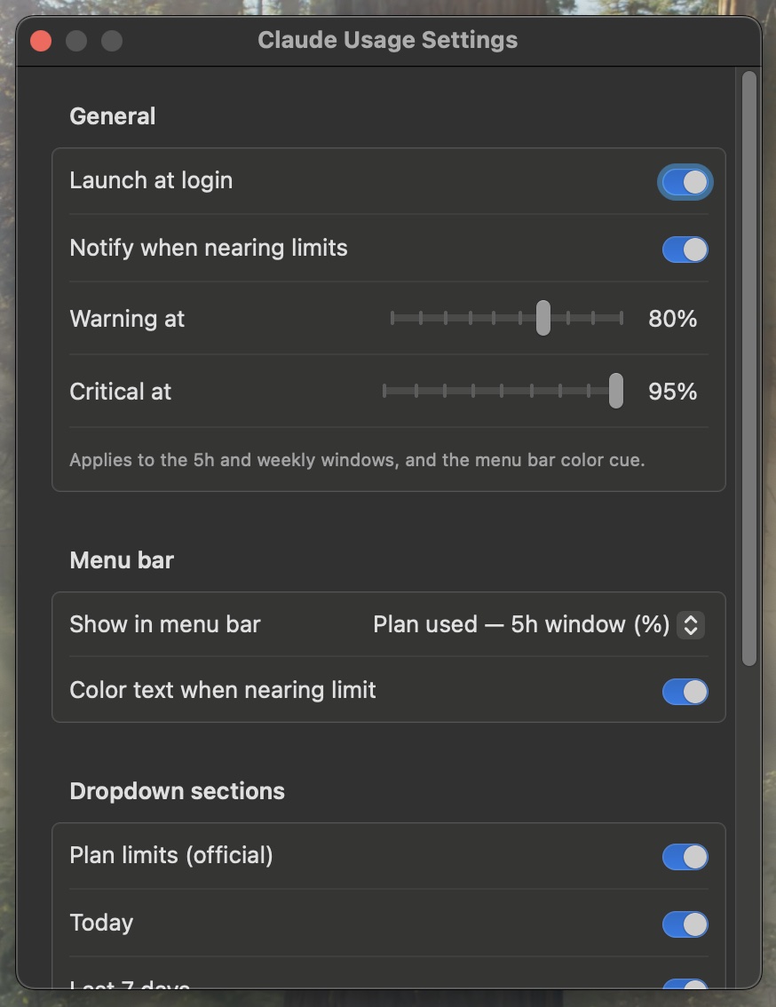 Settings — pick the menu bar metric, set limit thresholds and toggle sections