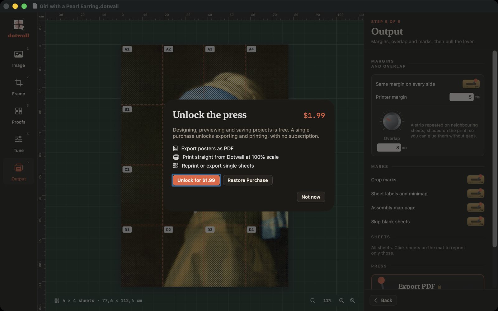 Free to design — unlock export and printing once
