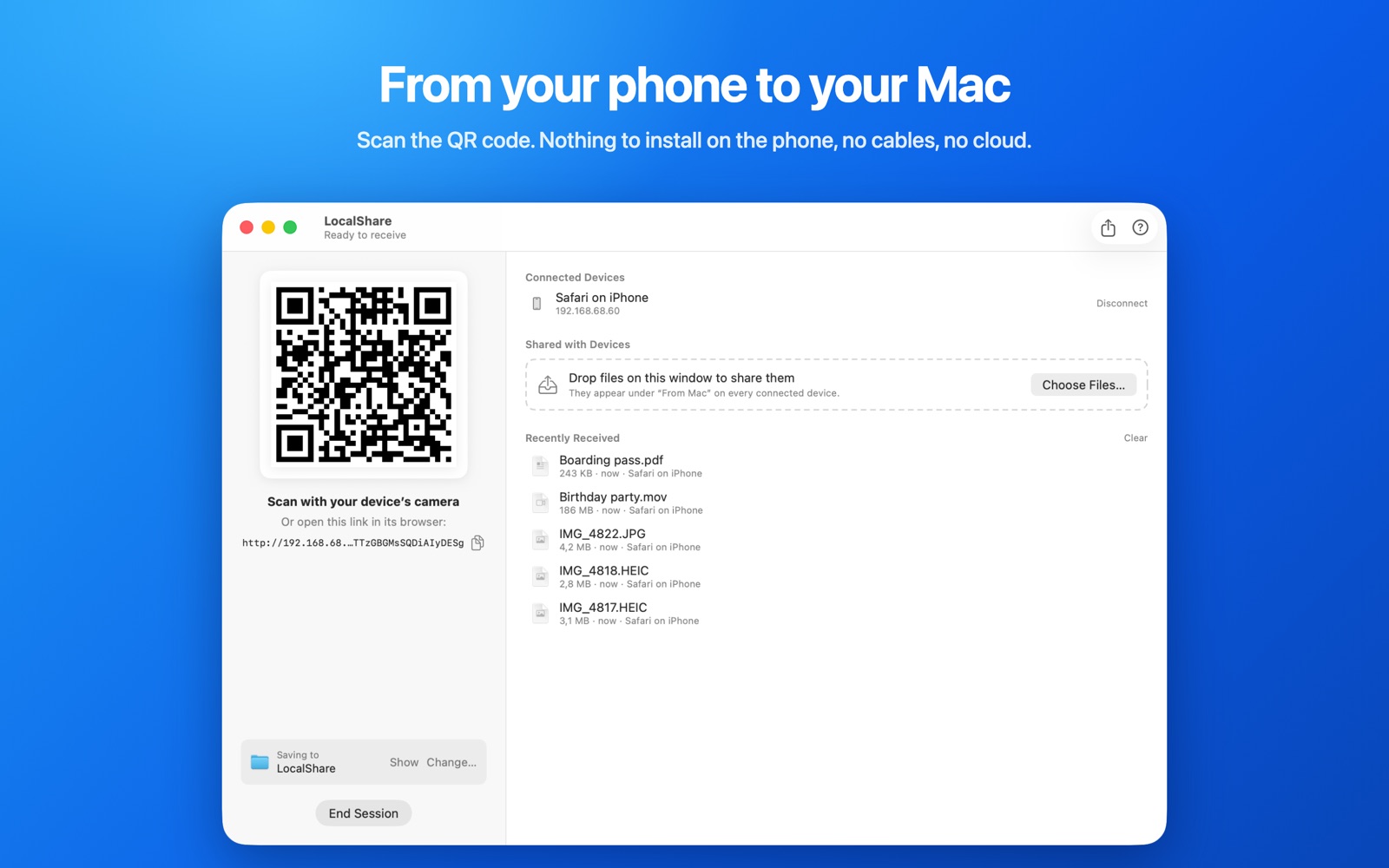 Scan the QR code and send files from any phone