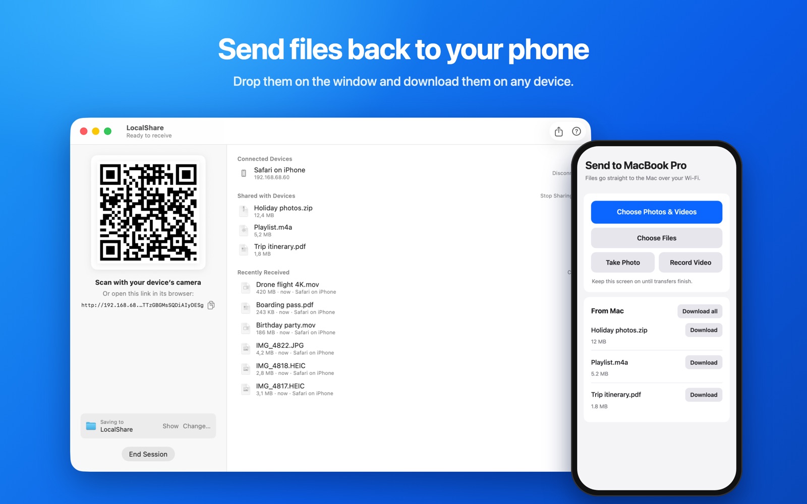 Drop files on the window to download them on your phone