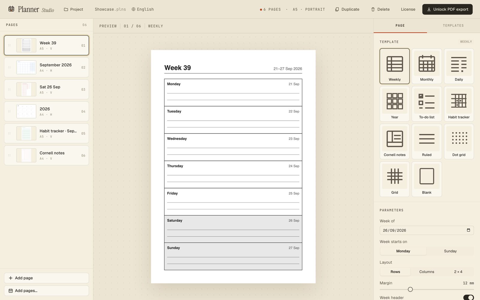 Weekly pages with real dates — rows, columns or a 2 × 4 grid