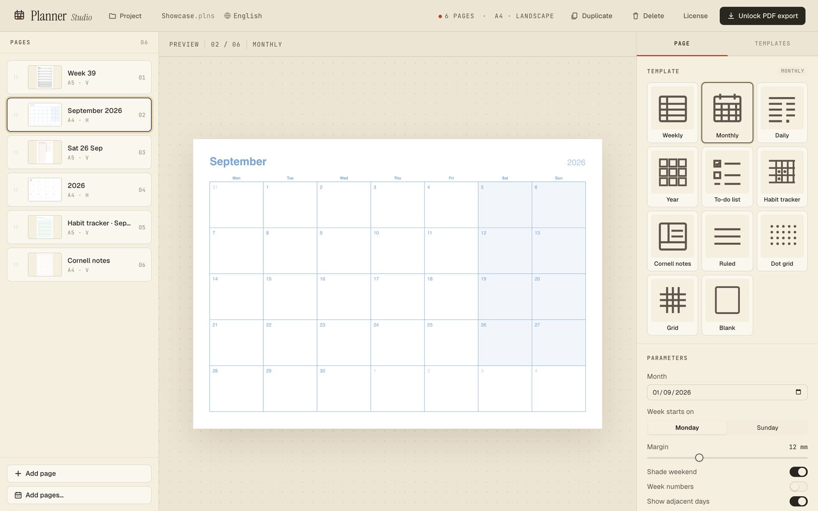 Monthly calendar with week numbers and weekend shading