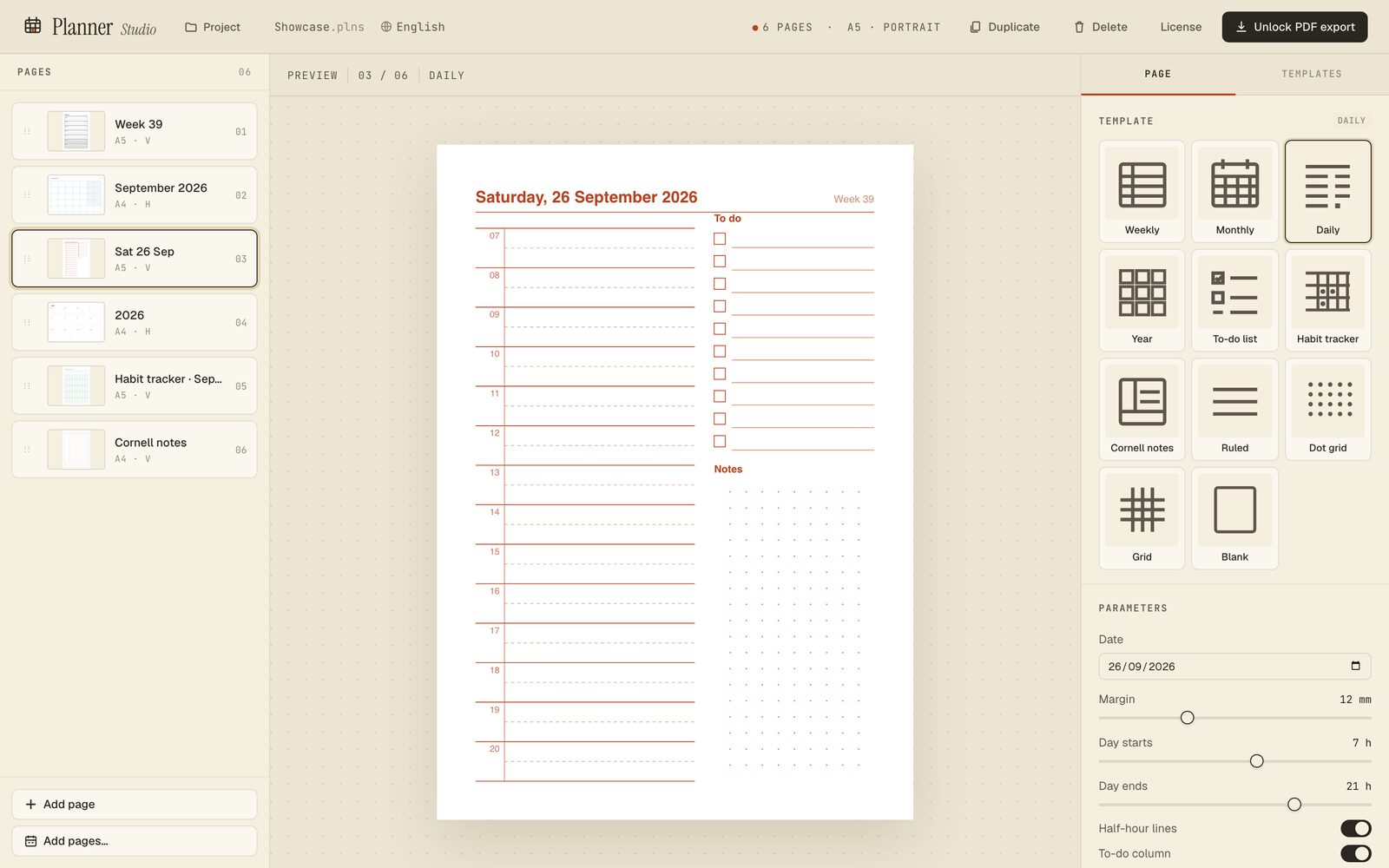 Daily page with a timed schedule, to-do column and notes