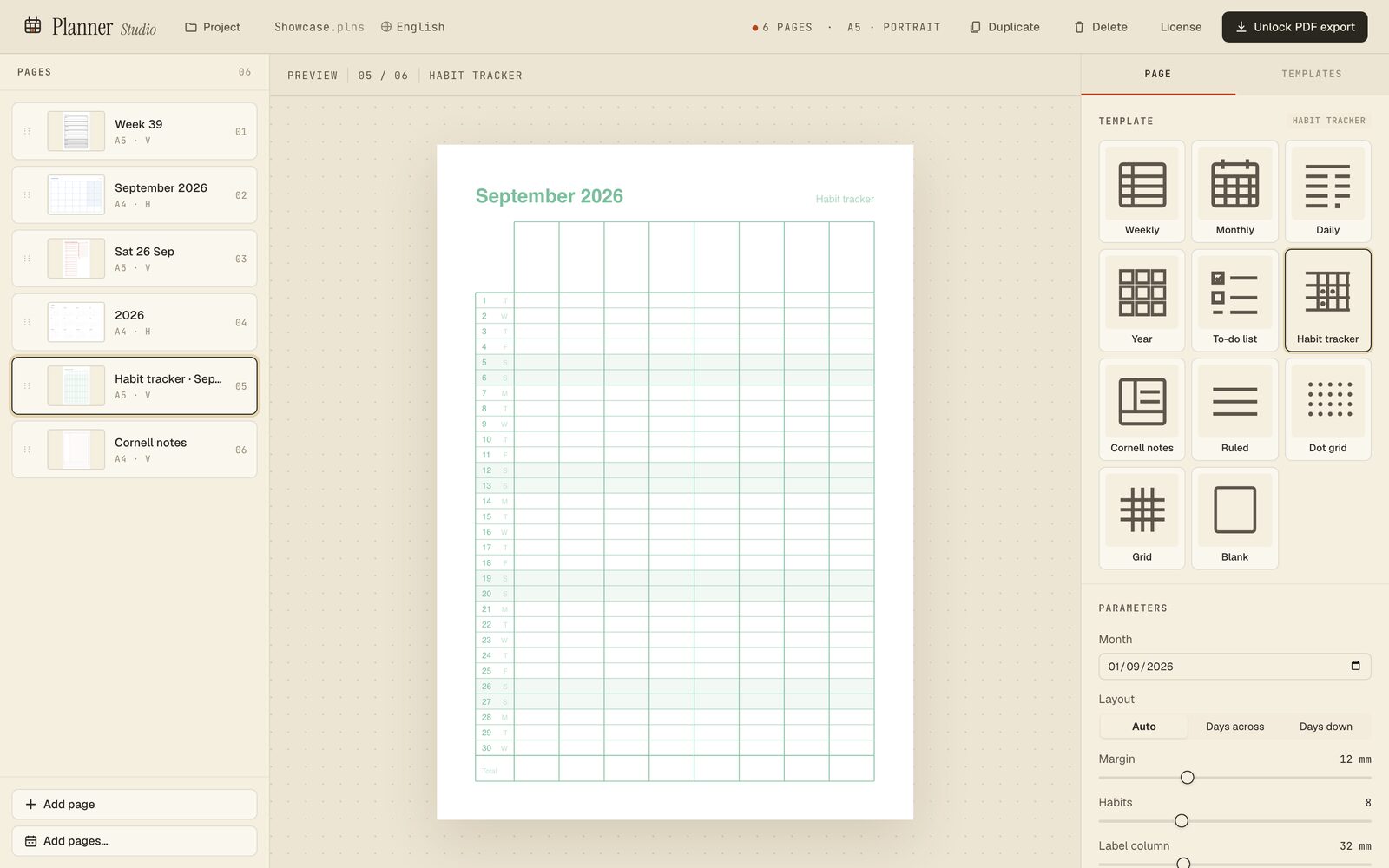 Habit tracker — days across or down the page