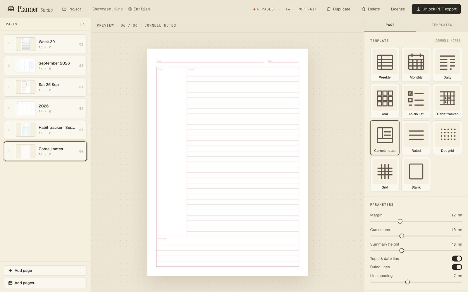 Cornell notes, plus ruled, dotted, grid and blank paper