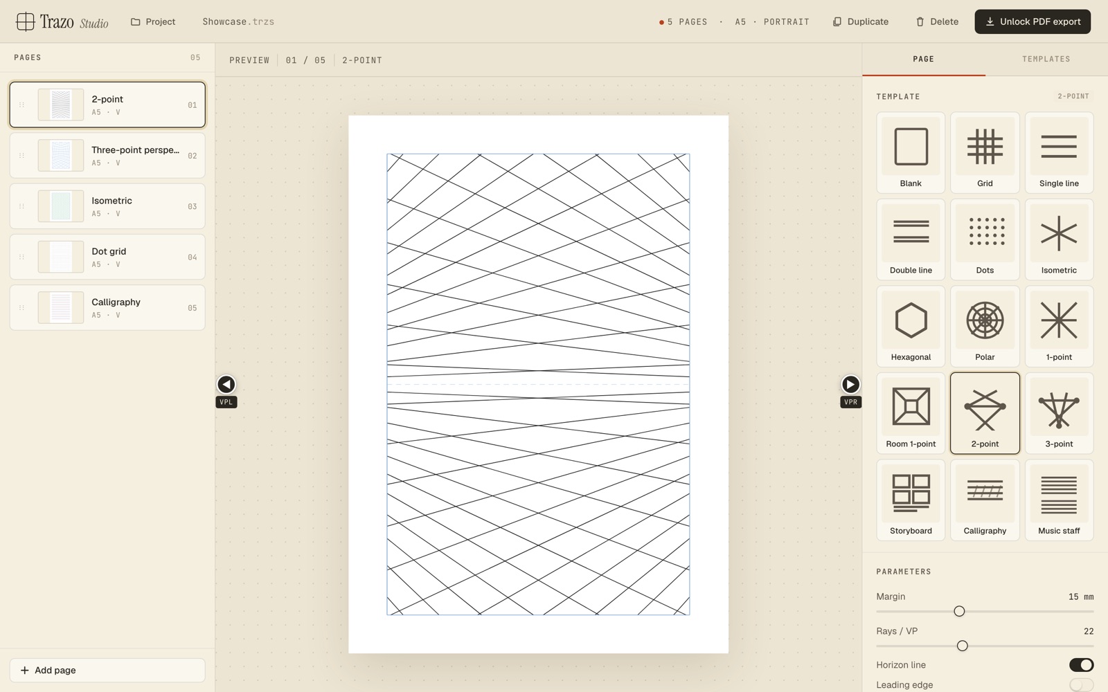 Two-point perspective with draggable vanishing points