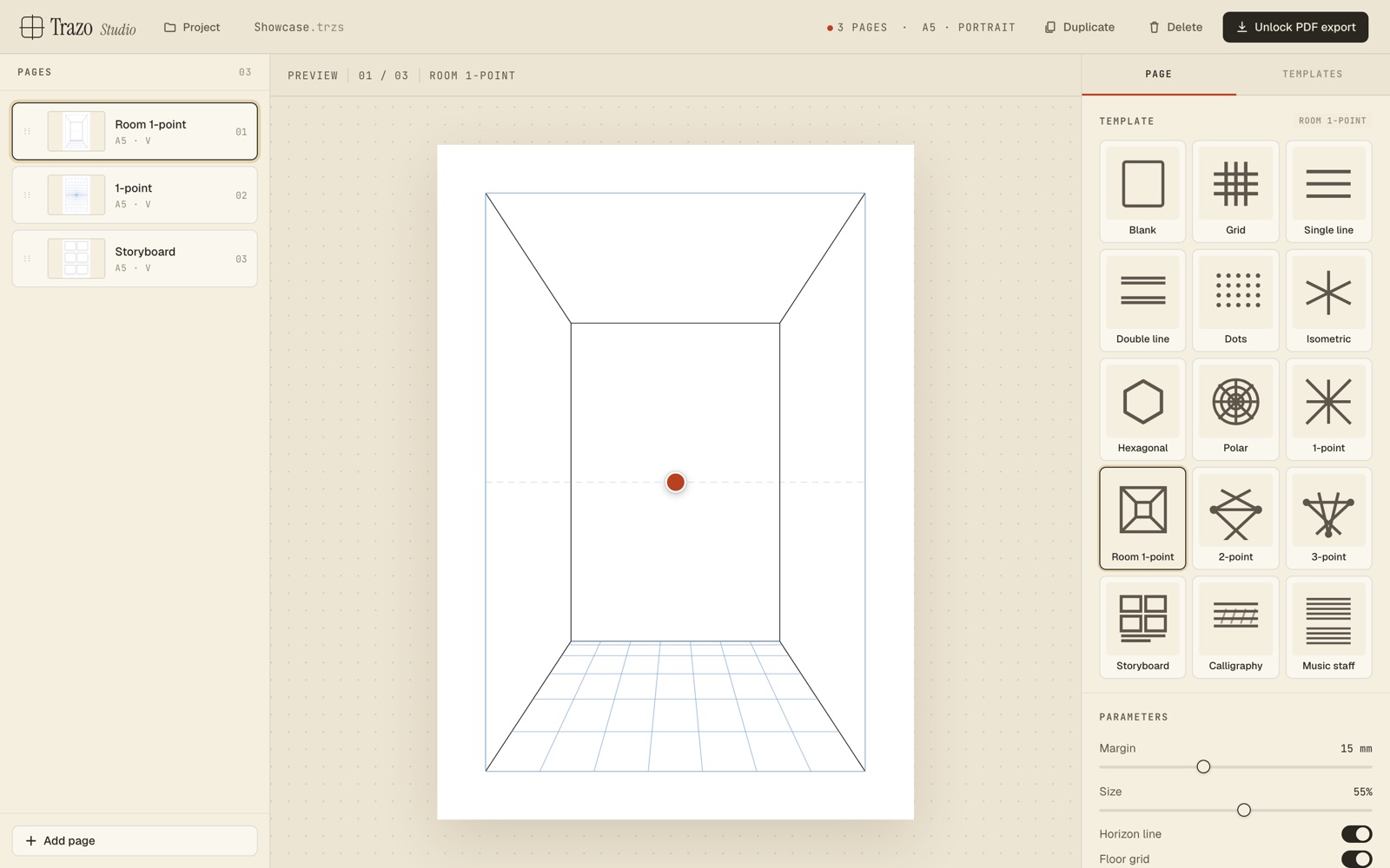 One-point perspective — room view with floor & wall grid
