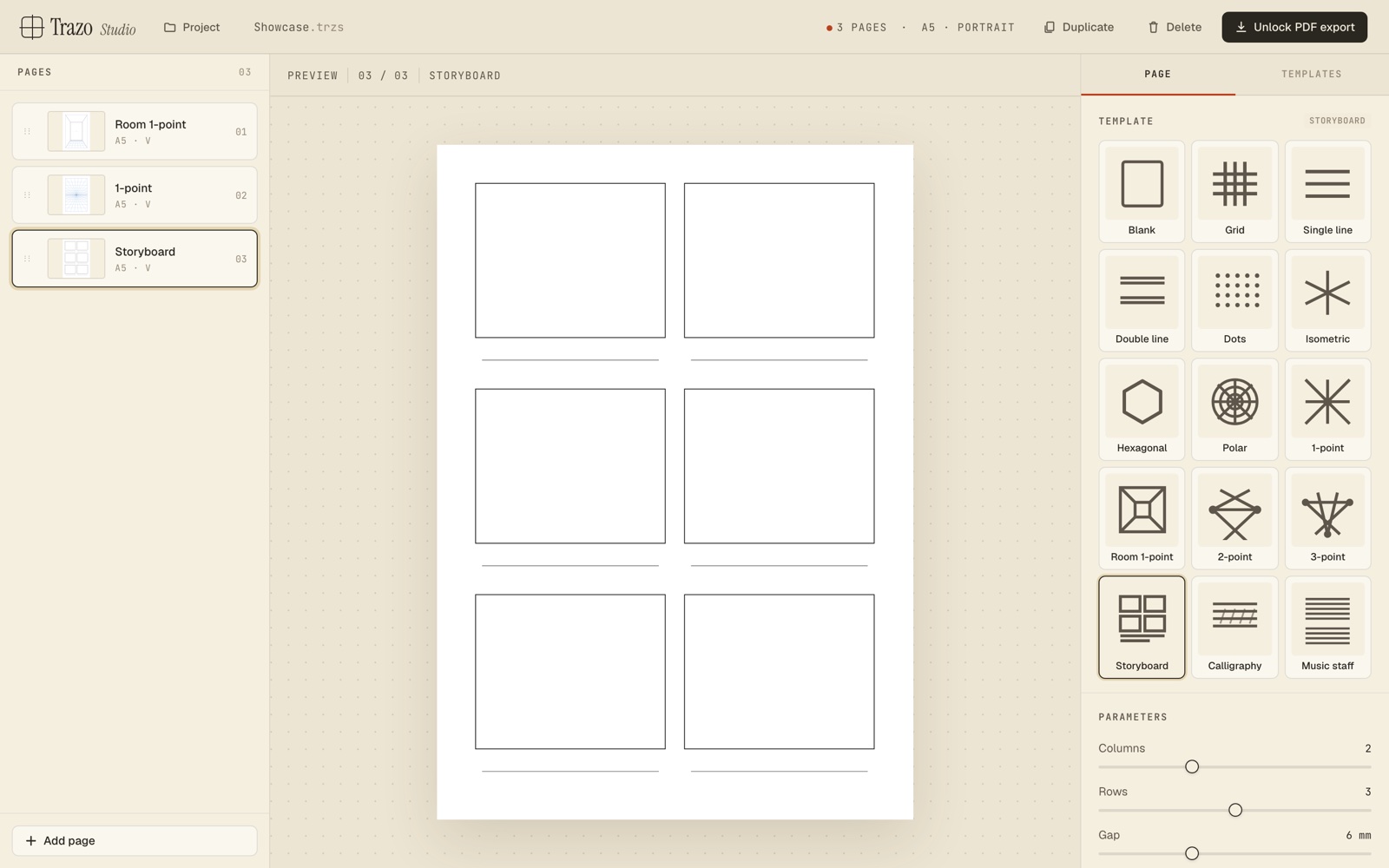 Storyboard layout with caption rows